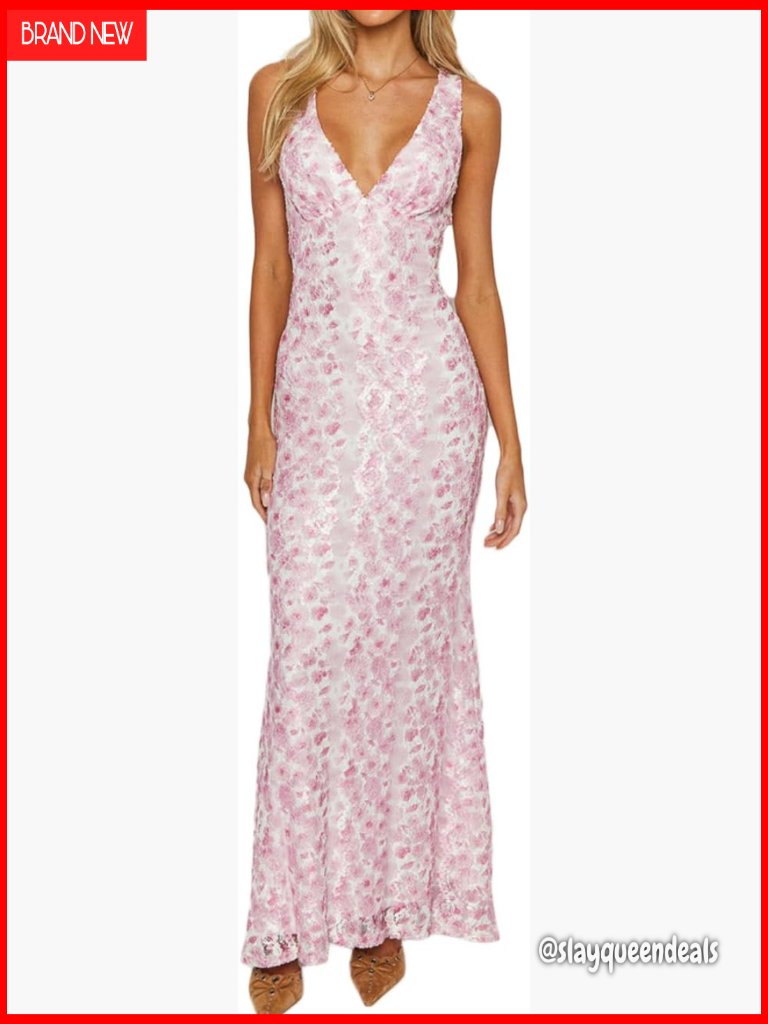 Lace Floral V Neck Backless Bodycon Maxi Dress Sleeveless Wedding Guest